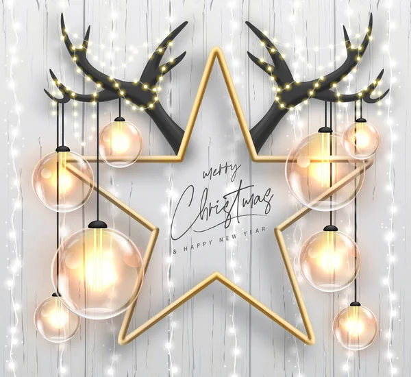 メリークリスマスとクリスマスの休日の装飾と幸せな新年のポスター クリスマス休暇の背景 角のある星形 ベクターイラスト — ストックベクタ