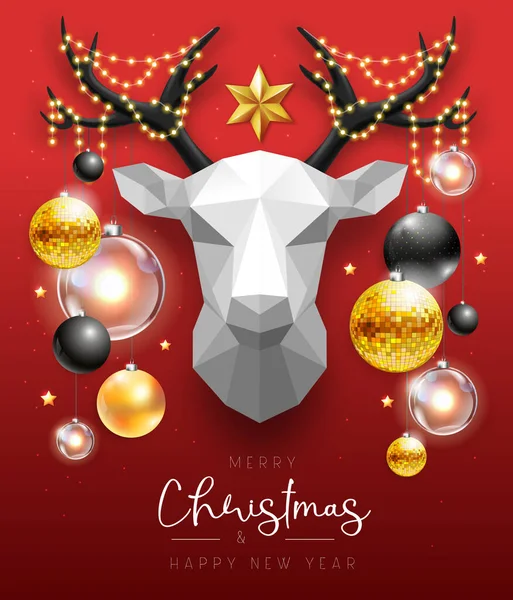 メリークリスマスとクリスマスの休日の装飾と幸せな新年のポスター 鹿の頭だ クリスマス休暇の背景 ベクターイラスト — ストックベクタ