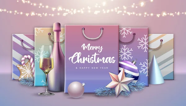 Christmas Holiday Background Paper Bags Gift Boxes Presents Christmas Decorations — стоковый вектор