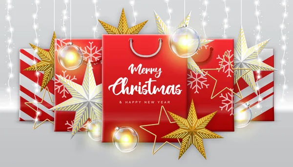 Χριστουγεννιάτικο Φόντο Διακοπών Χάρτινες Σακούλες Κουτιά Δώρων Δώρα Και Χριστουγεννιάτικα — Διανυσματικό Αρχείο