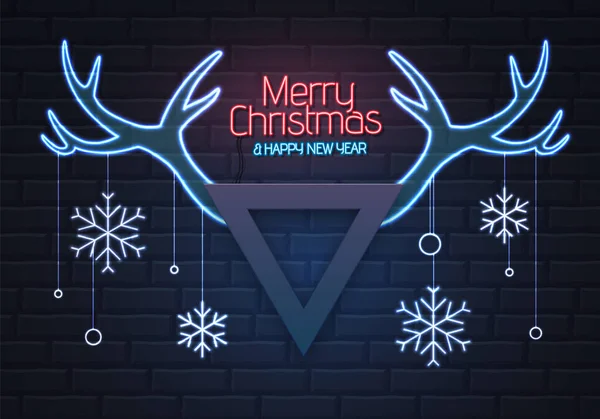 Neon Sign Merry Christmas Happy New Year Christmas Background Deer — Stockvektor