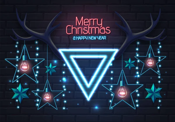 Neon Znamení Veselé Vánoce Šťastný Nový Rok Vánoční Pozadí Jelení — Stockový vektor