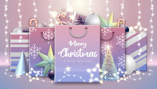 Christmas Holiday Background Paper Bags Gift Boxes Presents Christmas Decorations — Stockvektor