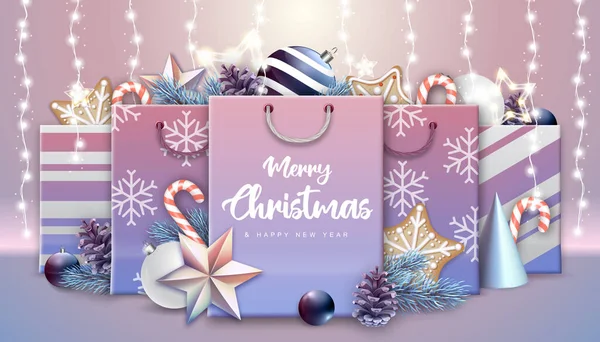 Christmas Holiday Background Paper Bags Gift Boxes Presents Christmas Decorations — Stockvektor