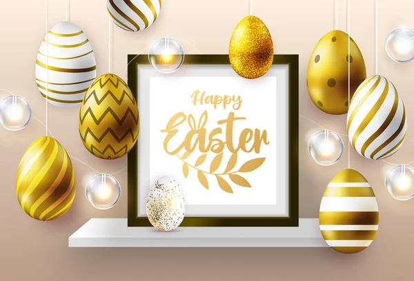 Holiday Easter Background Golden Easter Eggs Picture Frame Lamps Greeting — Stock Vector