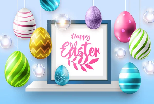 Fondo Pascua Vacaciones Con Coloridos Huevos Pascua Marco Imagen Lámparas — Vector de stock