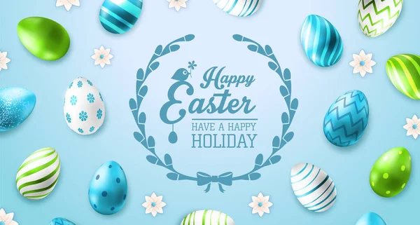 Holiday Easter background with white, blue and green easter eggs. Top view. Greeting card or poster. Vector illustration