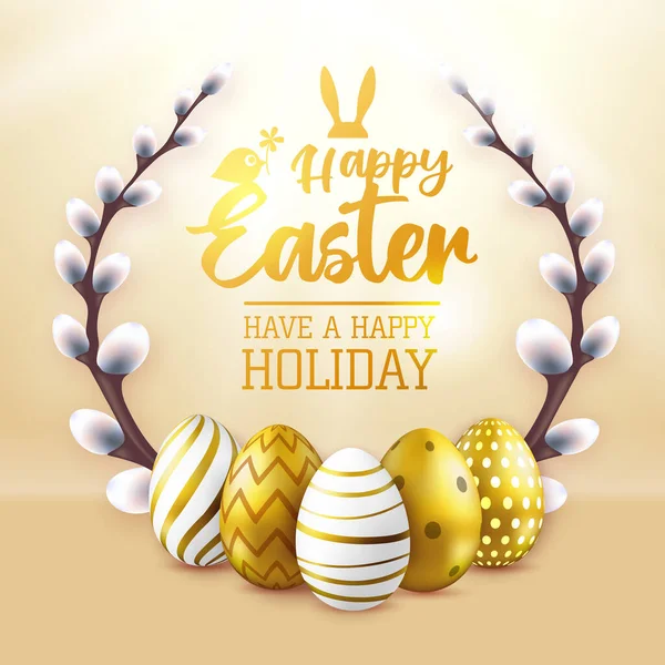 Paskalya Bayramı Arkaplanı Altın Paskalya Yumurtası Söğüt Çelengi Tebrik Kartı — Stok Vektör