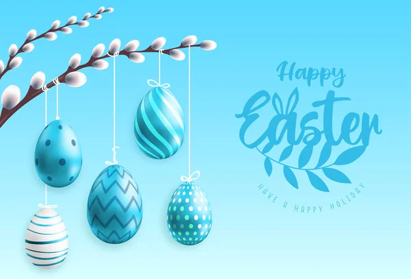 Holiday Easter Background Blue Easter Eggs Handing Willow Branch Greeting — Stock Vector