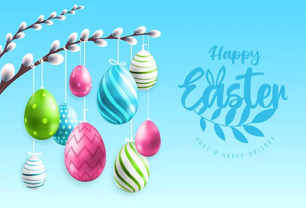 Holiday Easter Background Colorful Easter Eggs Handing Willow Branch Greeting — Stock Vector