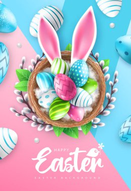 Renkli paskalya yumurtaları ve tavşan kulakları olan bir Paskalya tatili. Tebrik kartı ya da poster. Vektör illüstrasyonu