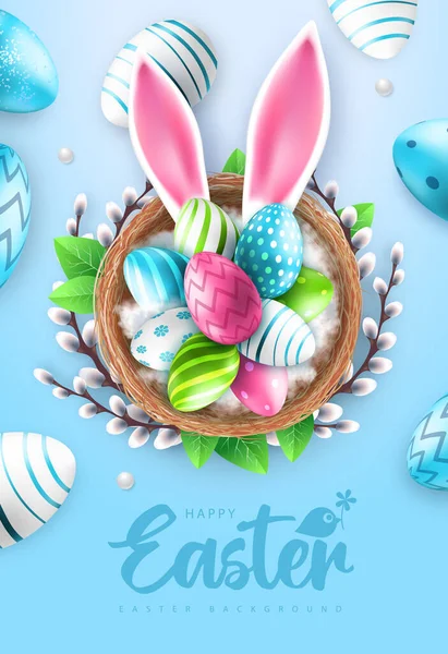 Vakantie Pasen Achtergrond Met Kleurrijke Paaseieren Konijnenoren Het Nest Wenskaart — Stockvector