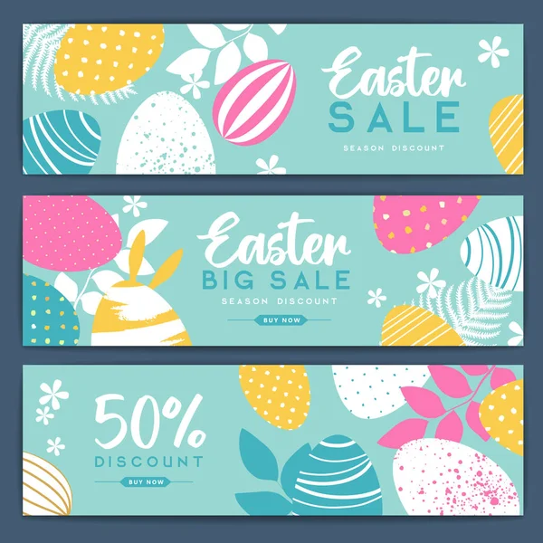 Holiday Easter Background Colorful Easter Eggs Flowers Set Easter Sale — Stock Vector