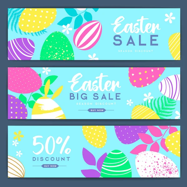 Holiday Easter Background Colorful Easter Eggs Flowers Set Easter Sale — Stock Vector