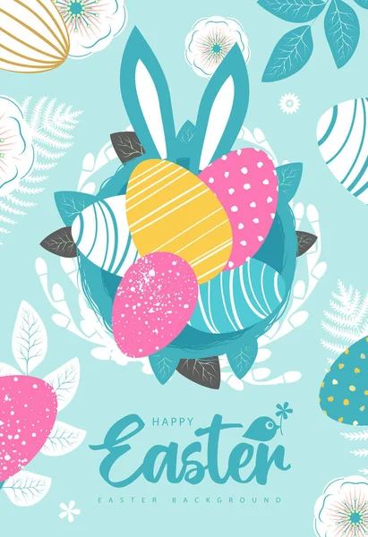 Fondo Pascua Vacaciones Con Coloridos Huevos Pascua Flores Tarjeta Felicitación — Vector de stock