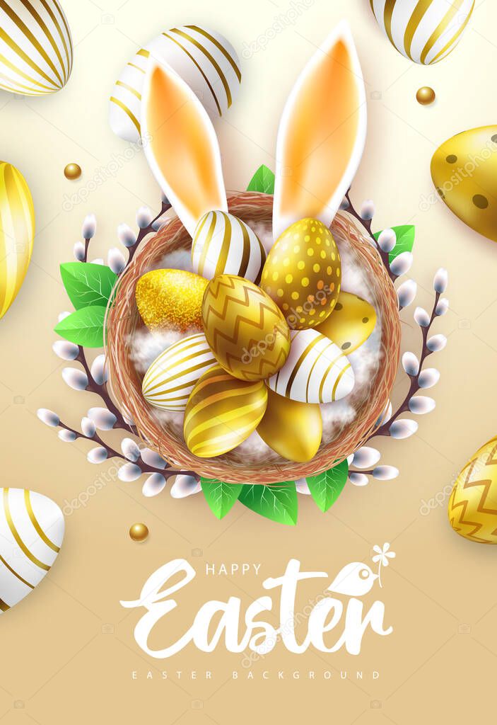 Holiday Easter background with golden easter eggs and rabbit ears in the nest. Greeting card or poster. Vector illustration