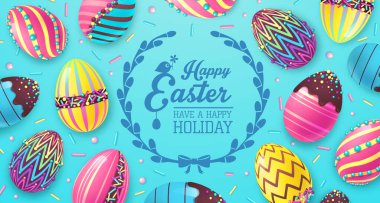 Renkli paskalya yumurtaları ve tatlı dekorasyonlu Paskalya arkaplanı. Tebrik kartı ya da poster. Vektör illüstrasyonu