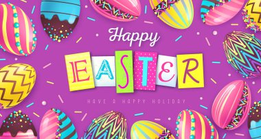 Renkli paskalya yumurtaları ve tatlı dekorasyonlu Paskalya arkaplanı. Tebrik kartı ya da poster. Vektör illüstrasyonu