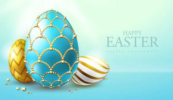 Vacanza Sfondo Pasquale Con Uova Pasqua Dorate Blu Uovo Faberge — Vettoriale Stock