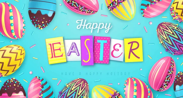 Feiertag Ostern Hintergrund Mit Bunten Ostereiern Und Süße Dekoration Grußkarte — Stockvektor