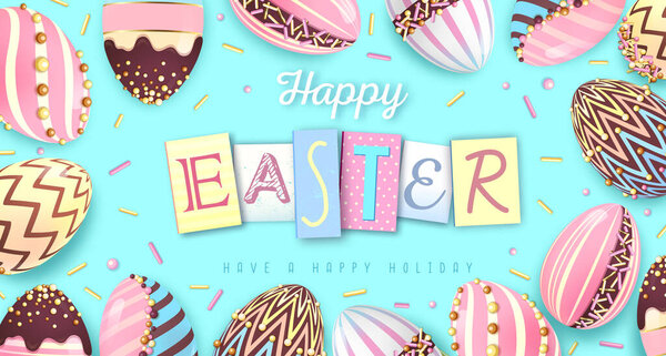 Праздничный пасхальный фон с красочными пасхальными яйцами и сладким декором. Открытка или плакат. Векторная иллюстрация