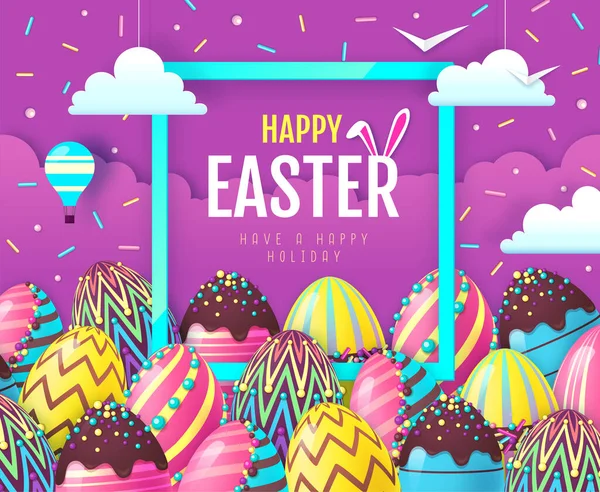 Renkli Paskalya Yumurtaları Tatlı Dekorasyonlu Paskalya Arkaplanı Tebrik Kartı Poster — Stok Vektör