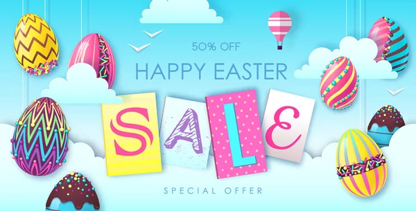 Holiday Easter Background Colorful Easter Eggs Clouds Easter Sale Poster — Stock Vector