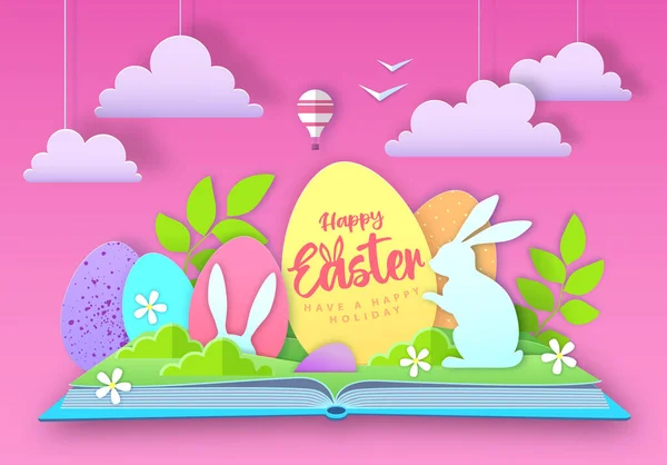 Открытая Книга Сказок Пасхальными Яйцами Кроликами Вырезать Дизайн Стиле Бумажного — стоковый вектор