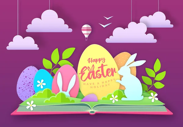 Libro Abierto Cuentos Hadas Con Huevos Pascua Conejos Corta Diseño — Archivo Imágenes Vectoriales