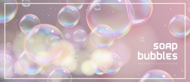 Gerçekçi sabun köpükleriyle soyut bir arkaplan. Gökkuşağı yansımalı kabarcıklar. Vektör illüstrasyonu
