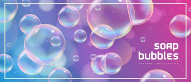 Gerçekçi sabun köpükleriyle soyut bir arkaplan. Gökkuşağı yansımalı kabarcıklar. Vektör illüstrasyonu