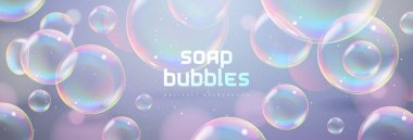 Gerçekçi sabun köpükleriyle soyut bir arkaplan. Gökkuşağı yansımalı kabarcıklar. Vektör illüstrasyonu