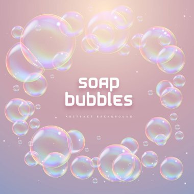 Gerçekçi sabun köpükleriyle soyut bir arkaplan. Gökkuşağı yansımalı kabarcıklar. Vektör illüstrasyonu