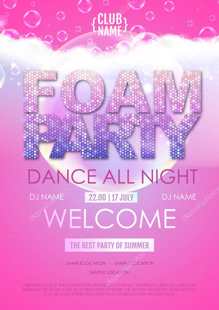 Disco foam party poster.  Soap foam with soap rainbow bubbles. Vector illustration