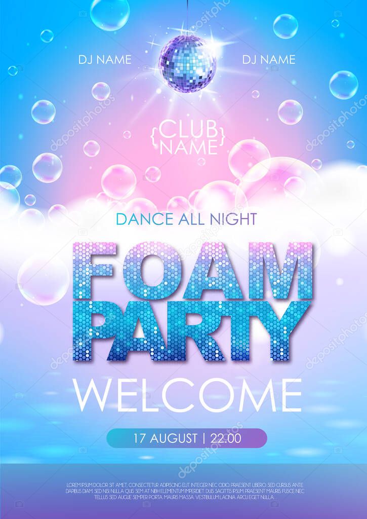 Disco foam party poster.  Soap foam with soap rainbow bubbles. Vector illustration