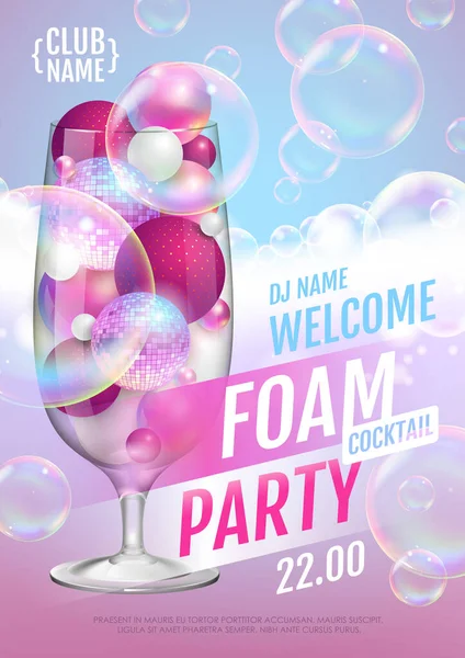 Disco Foam Cocktail Party Poster Zeepschuim Met Zeepbellen Vectorillustratie — Stockvector