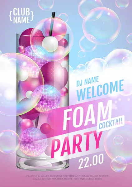 Disco Foam Cocktail Party Poster Zeepschuim Met Zeepbellen Vectorillustratie — Stockvector