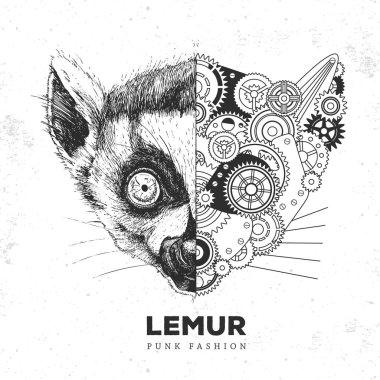 Gerçekçi ve punk stili lemur yüz çizimi. Lemur yüz silueti ve dişliler. Vektör illüstrasyonu