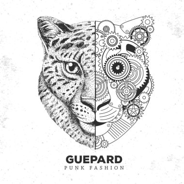 Gerçekçi ve punk tarzı çita yüz çizimi. Vitesli çita suratlı siluet. Vektör illüstrasyonu