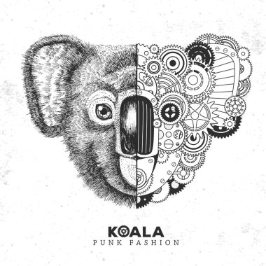 Gerçekçi ve punk stili koala resmi. Dişlilerle koala suratlı siluet. Vektör illüstrasyonu