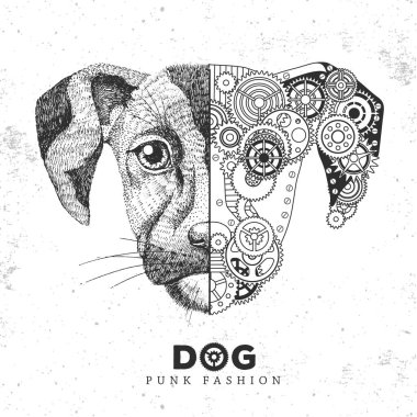 Gerçekçi ve punk stili köpek suratı çizimi. Dişlilerle köpek suratlı siluet. Vektör illüstrasyonu