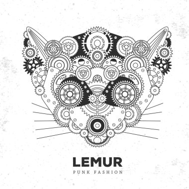 Lemur yüz silueti ve dişliler. Serseri tarzı. Vektör illüstrasyonu