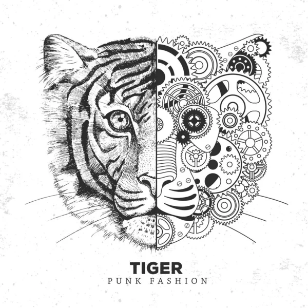 Realisztikus Punk Stílusú Tigris Arc Illusztráció Tigris Arc Sziluett Fogaskerekekkel — Stock Vector