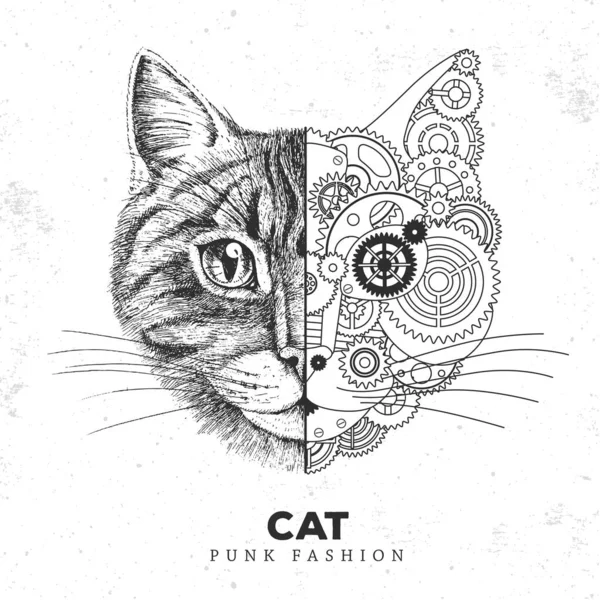 Gerçekçi Punk Tarzı Kedi Suratı Çizimi Dişlilerle Kedi Yüzlü Siluet — Stok Vektör