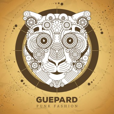 Çita suratlı siluet, eski kağıt desenli arka planda dişliler. Serseri tarzı. Vektör illüstrasyonu