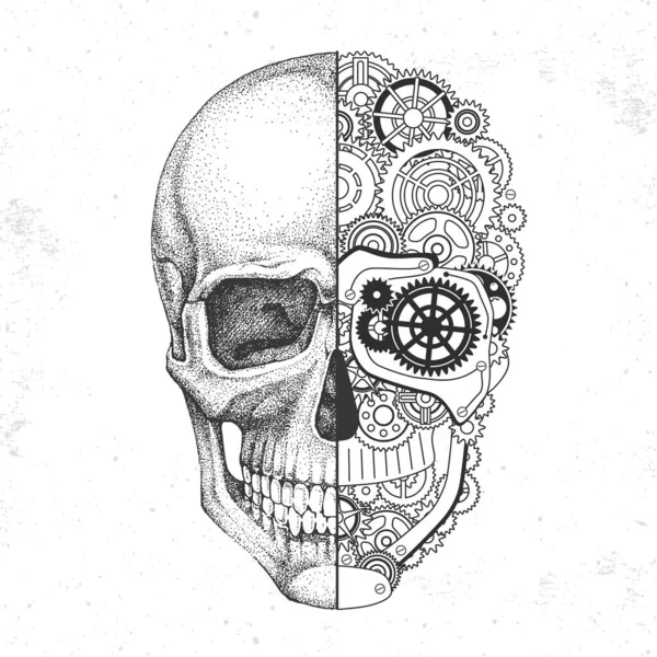 Ilustración Realista Punk Cráneo Humano Silueta Cráneo Humano Con Engranajes — Archivo Imágenes Vectoriales