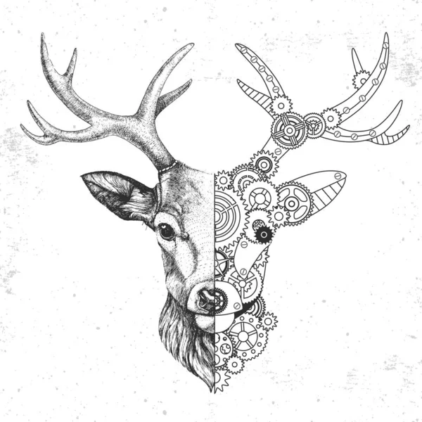 リアルなパンクスタイルの鹿のイラスト ギアと鹿の頭のシルエット ベクターイラスト — ストックベクタ