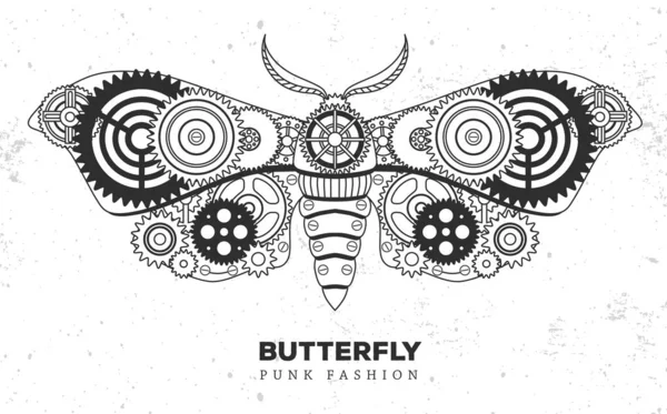 Schmetterlingssilhouette Mit Zahnrädern Punkstil Vektorillustration — Stockvektor