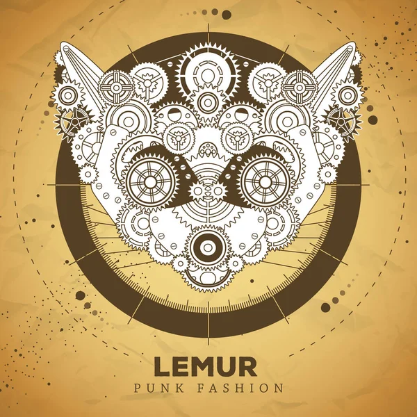 Lemur Gesicht Silhouette Mit Zahnrädern Auf Altem Papier Textur Hintergrund — Stockvektor