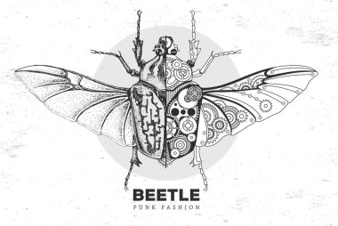 Gerçekçi ve punk tarzı Goliath Beetle çizimi. Vitesli böcek silueti. Vektör illüstrasyonu